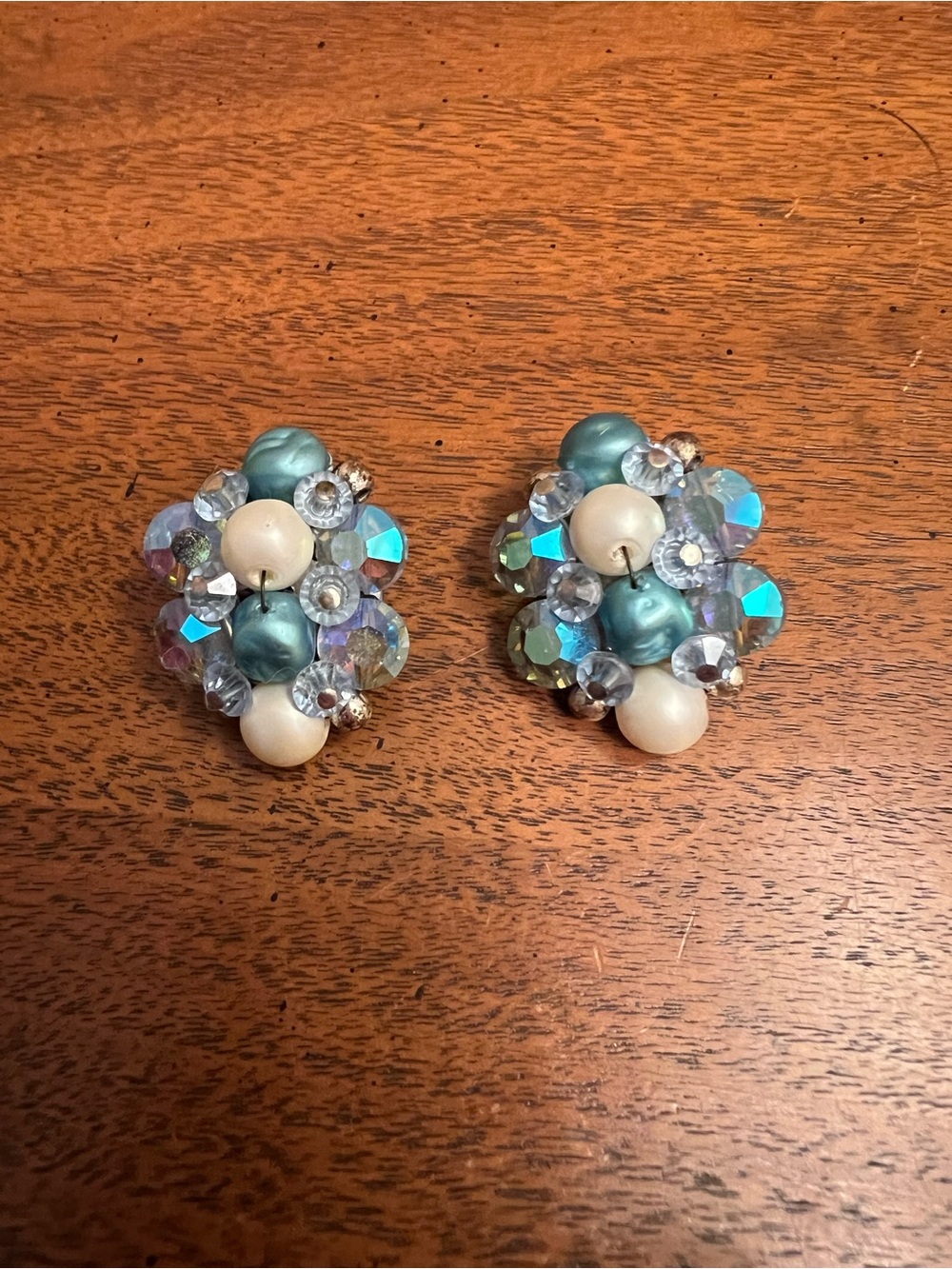 Vintage AB Turquoise Color Crystals and Pearls Beaded Cluster Clip On Earrings